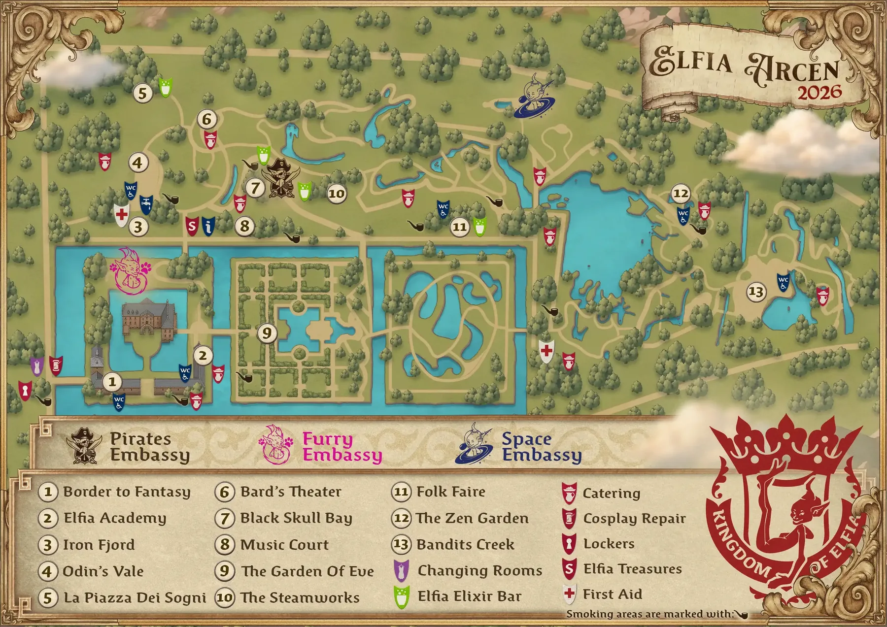 Ge&iuml;llustreerde plattegrond van Elfia Arcen 2026 met 13 genummerde themagebieden, de Piraten-, Furry- en Space-ambassade, paden, vijvers, het kasteel en pictogrammen voor EHBO, horeca, toiletten en kluisjes.